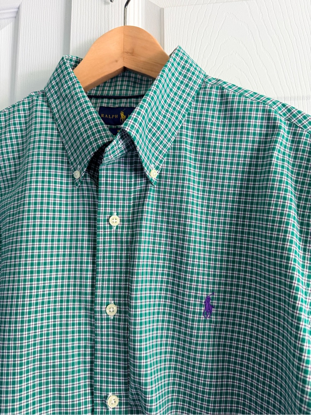 Ralph Lauren Non-Iron Button Down Shirt Men’s XL Green Plaid Purple Pony